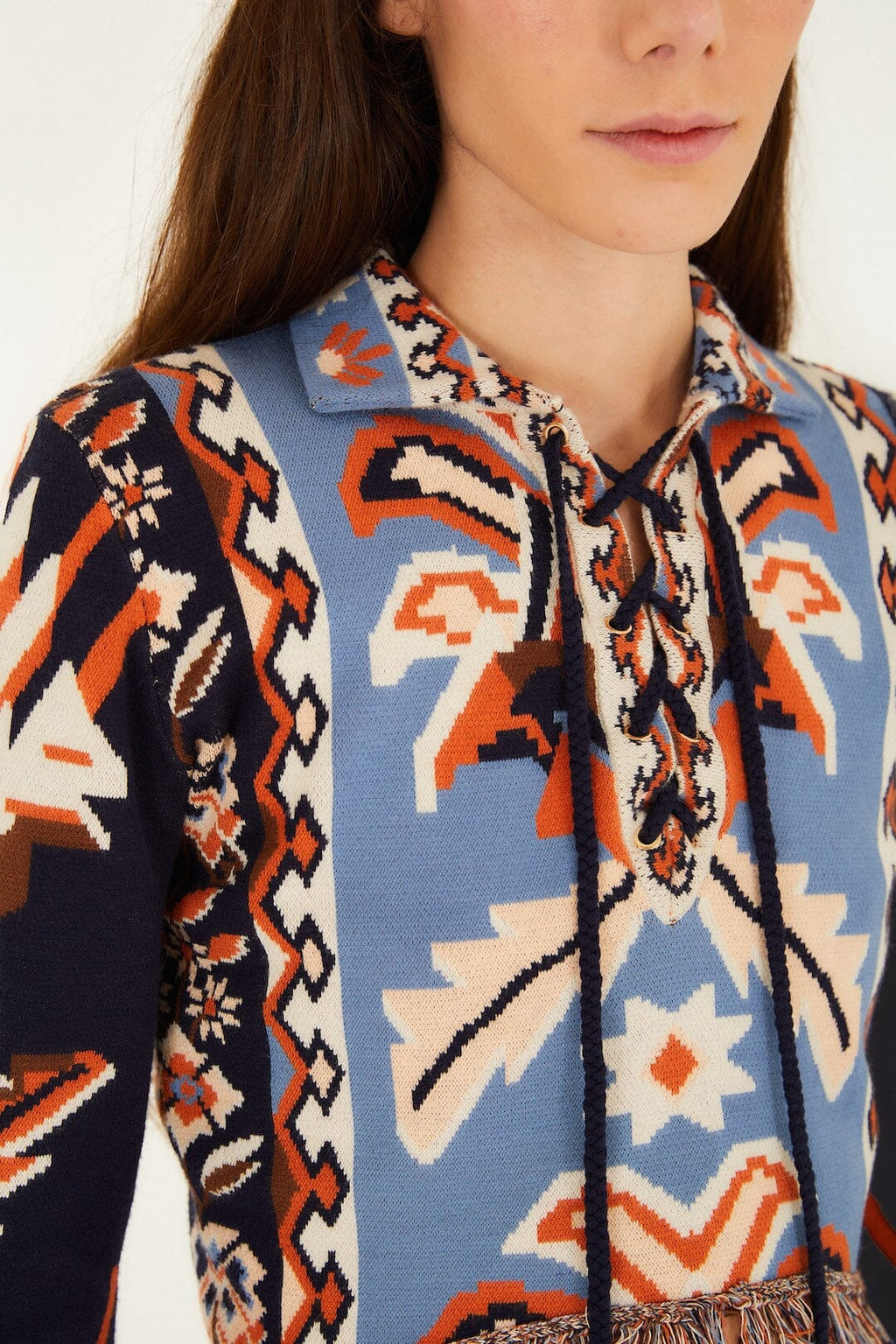 Multicolor Tapestry Fringes Knit Top