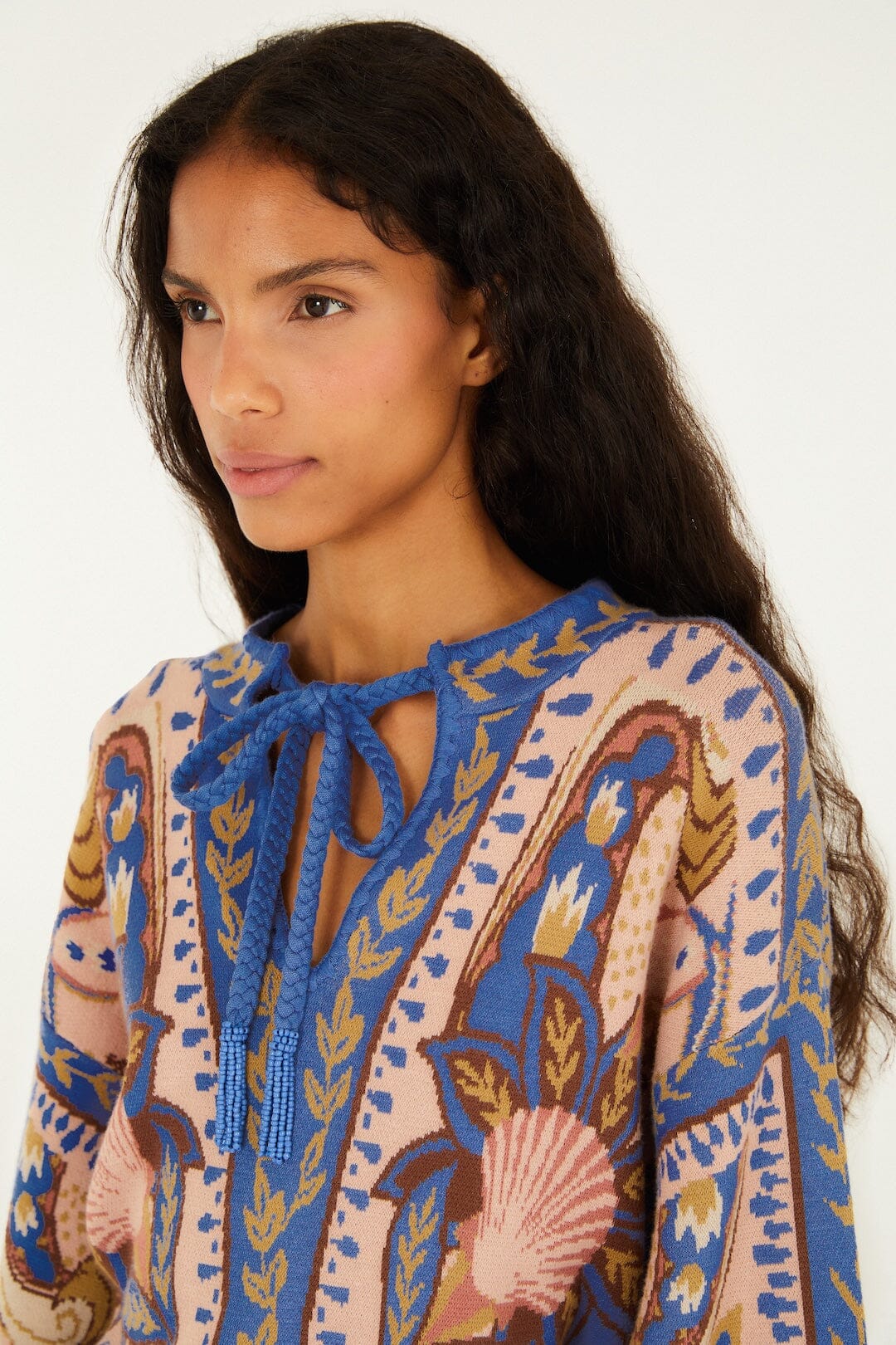 Blue Sea Garden Scarf Tassels Knit Mini Dress