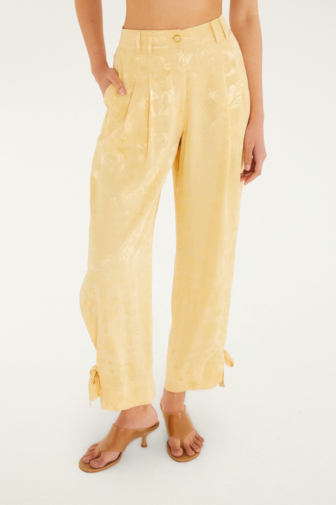 Beige Hem Ties Pockets Pants