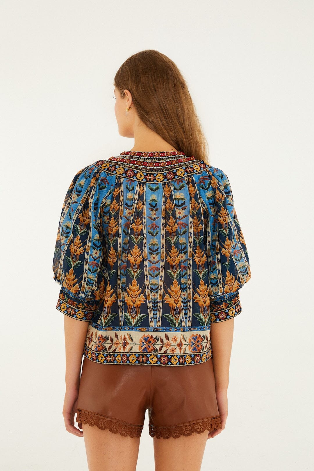 Blue Embroidered Tapestry Tassels Puff Sleeve Blouse