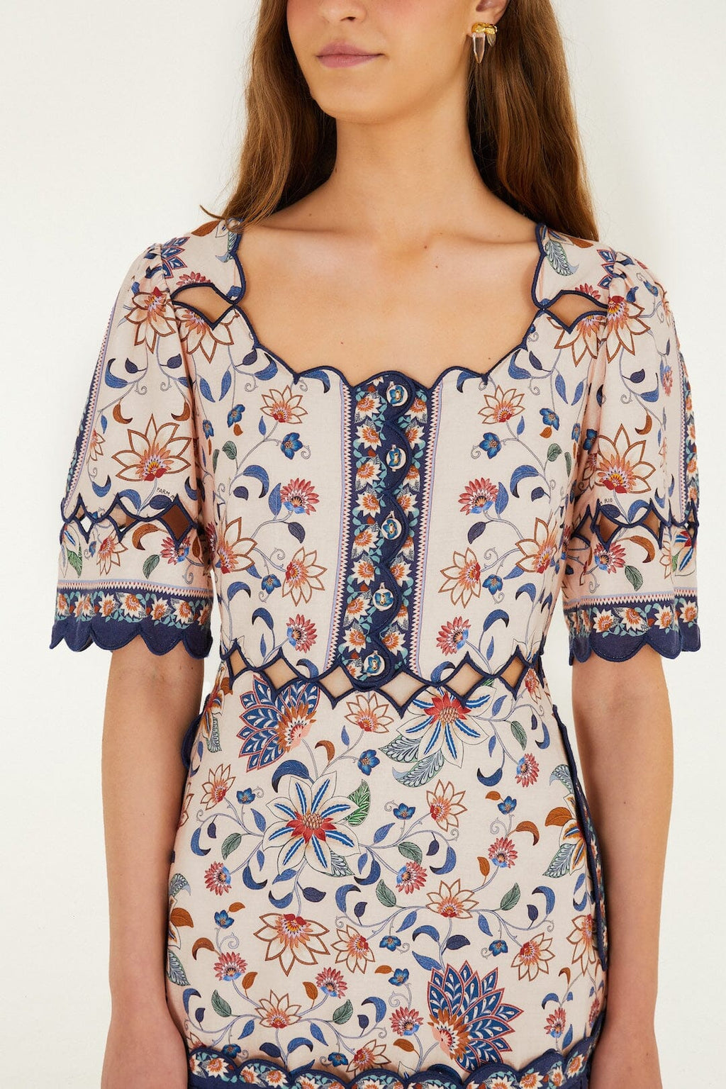 Pink Floral Delhi Tapestry Scallop Cut-Out Mini Dress