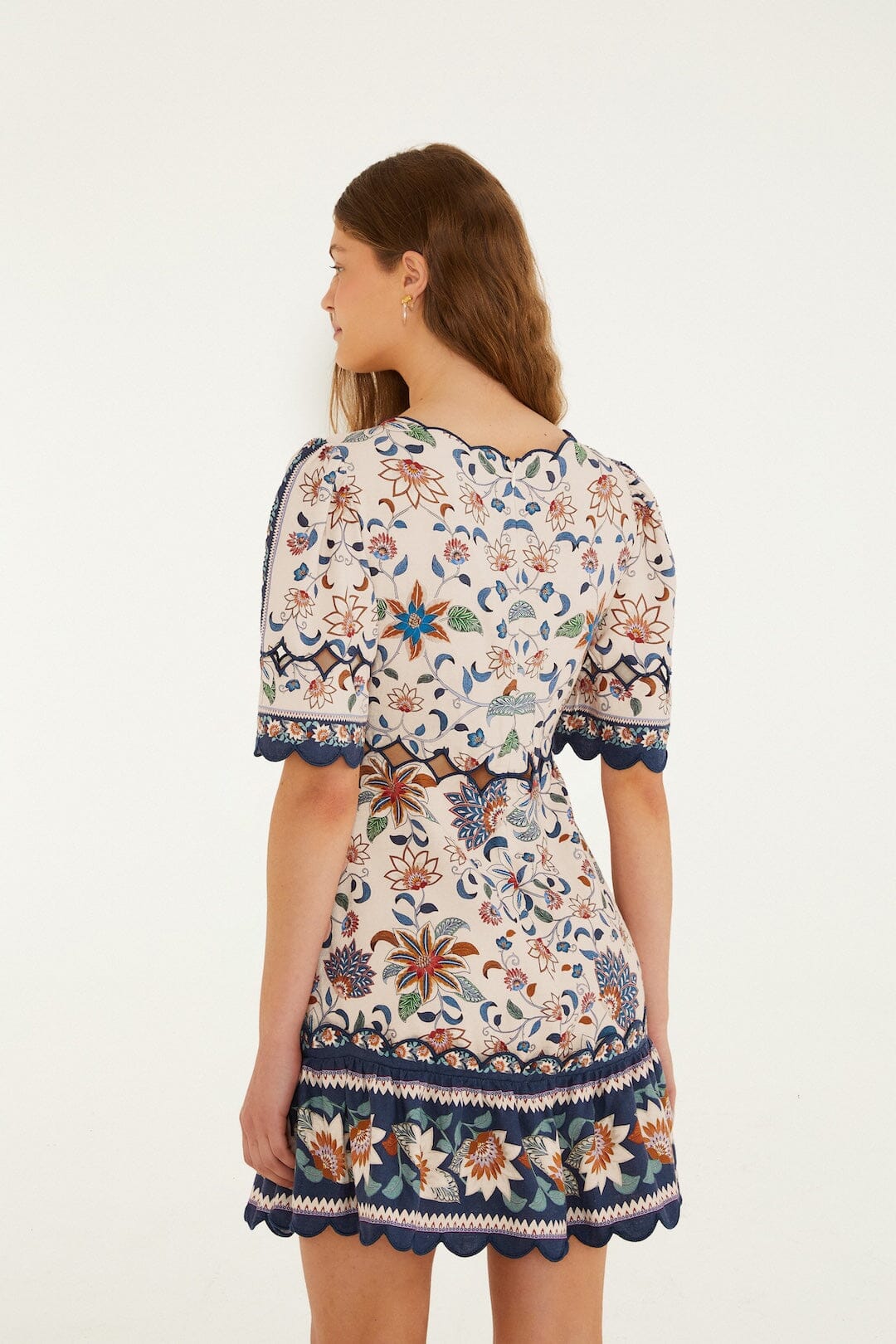 Pink Floral Delhi Tapestry Scallop Cut-Out Mini Dress