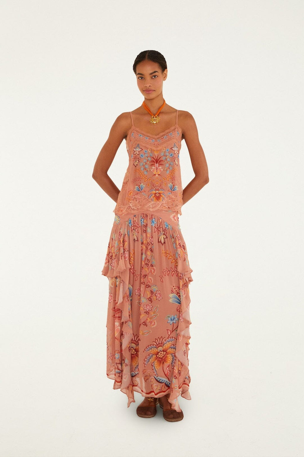 Mocha Boho Enhance Ruched Ruffled Maxi  Skirt