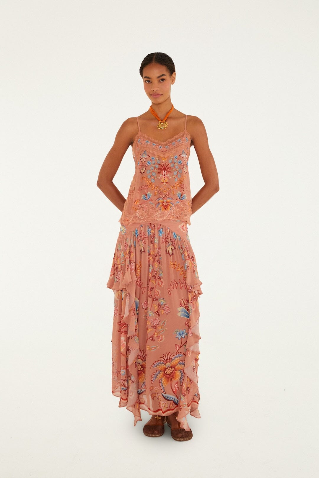 Mocha Boho Enhance Ruched Ruffled Maxi  Skirt
