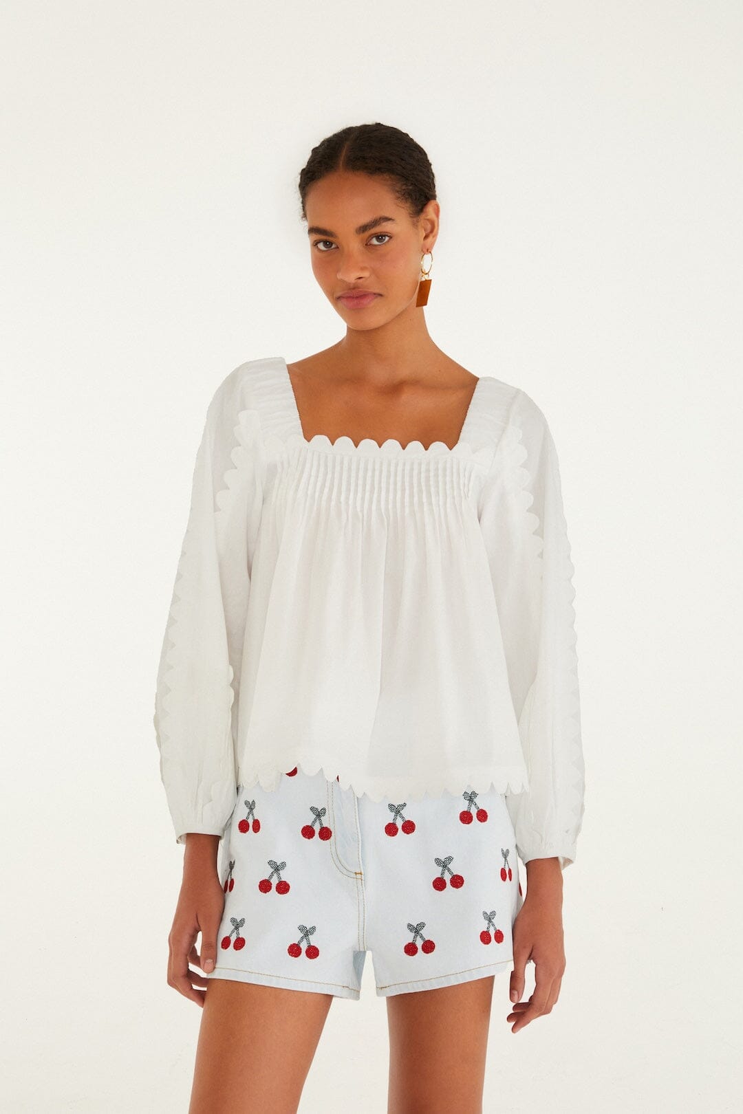 Embroidered Cherry Denim Shorts