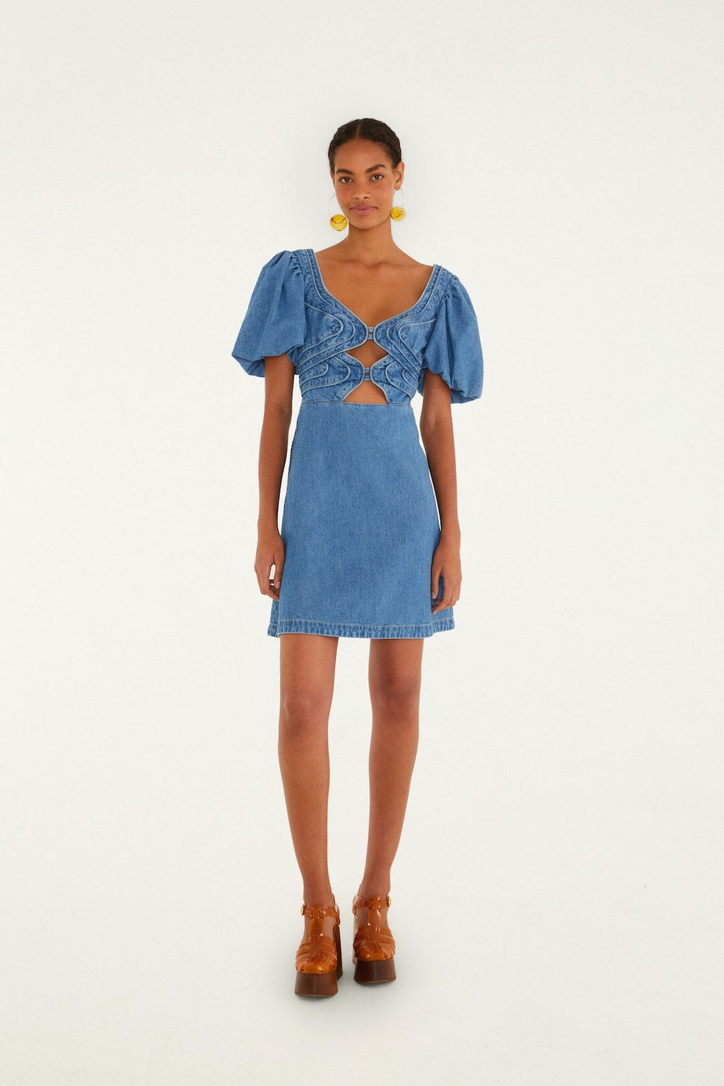 Denim Wavy Cut-Out Puff Sleeve Mini Dress