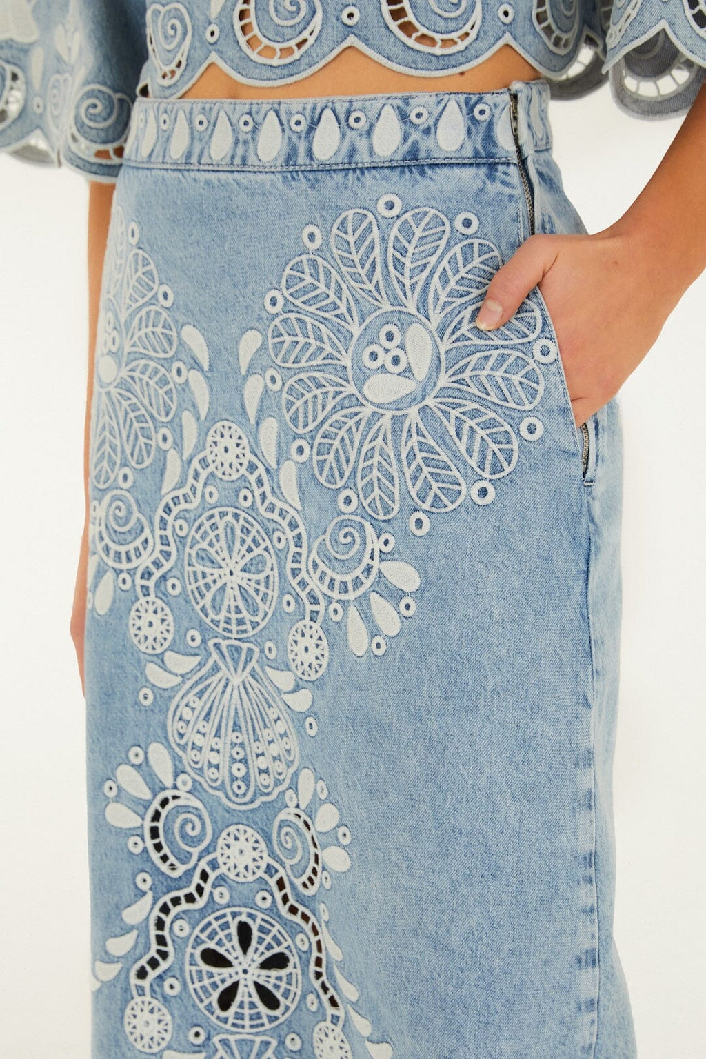 Denim Richelieu Wavy Hem Midi Skirt