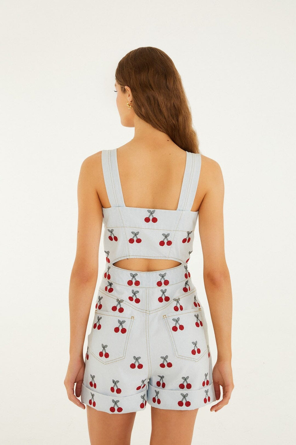 Embroidered Cherry Denim Romper