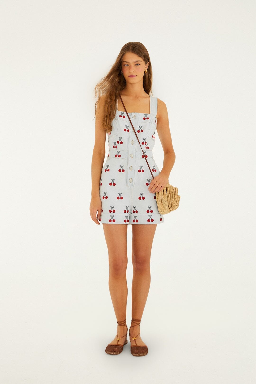 Embroidered Cherry Denim Romper