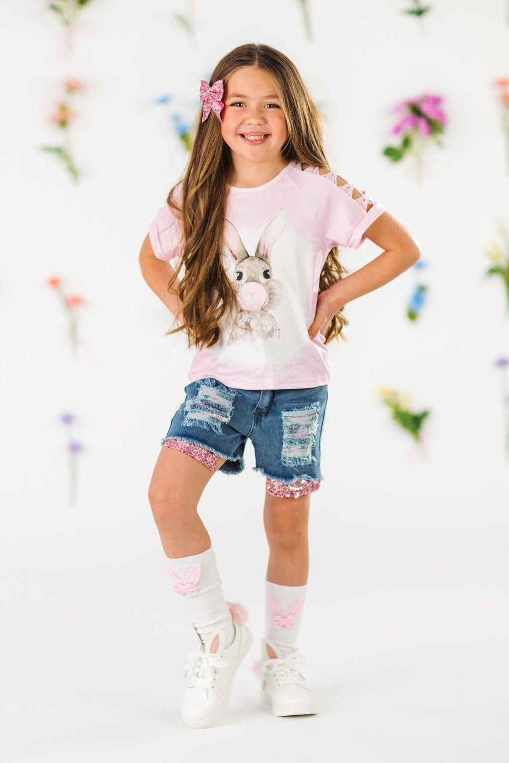 Bubblegum Bunny Distressed Denim Short Set