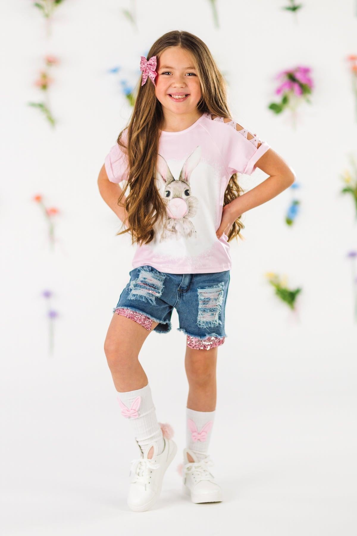 Bubblegum Bunny Distressed Denim Short Set