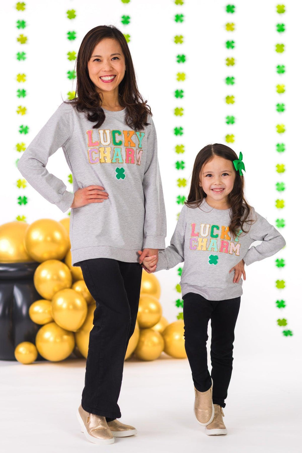 Mom & Me - "Lucky Charm" Gray Chenille Patch Top