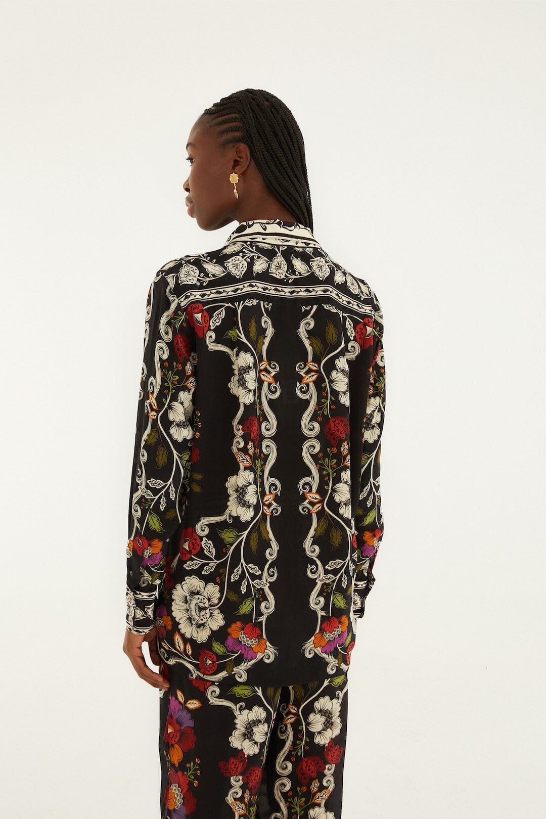 Black Rococo Flowers Collared Buttoned Shirt