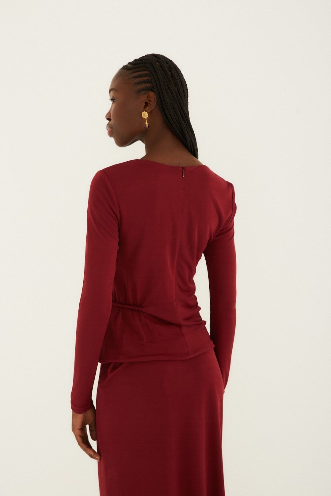 Burgundy 3d Flower Draped Long Sleeve Blouse