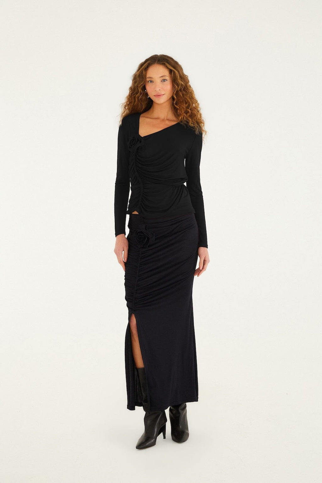 Black Flower Draped Side Slit Midi Skirt