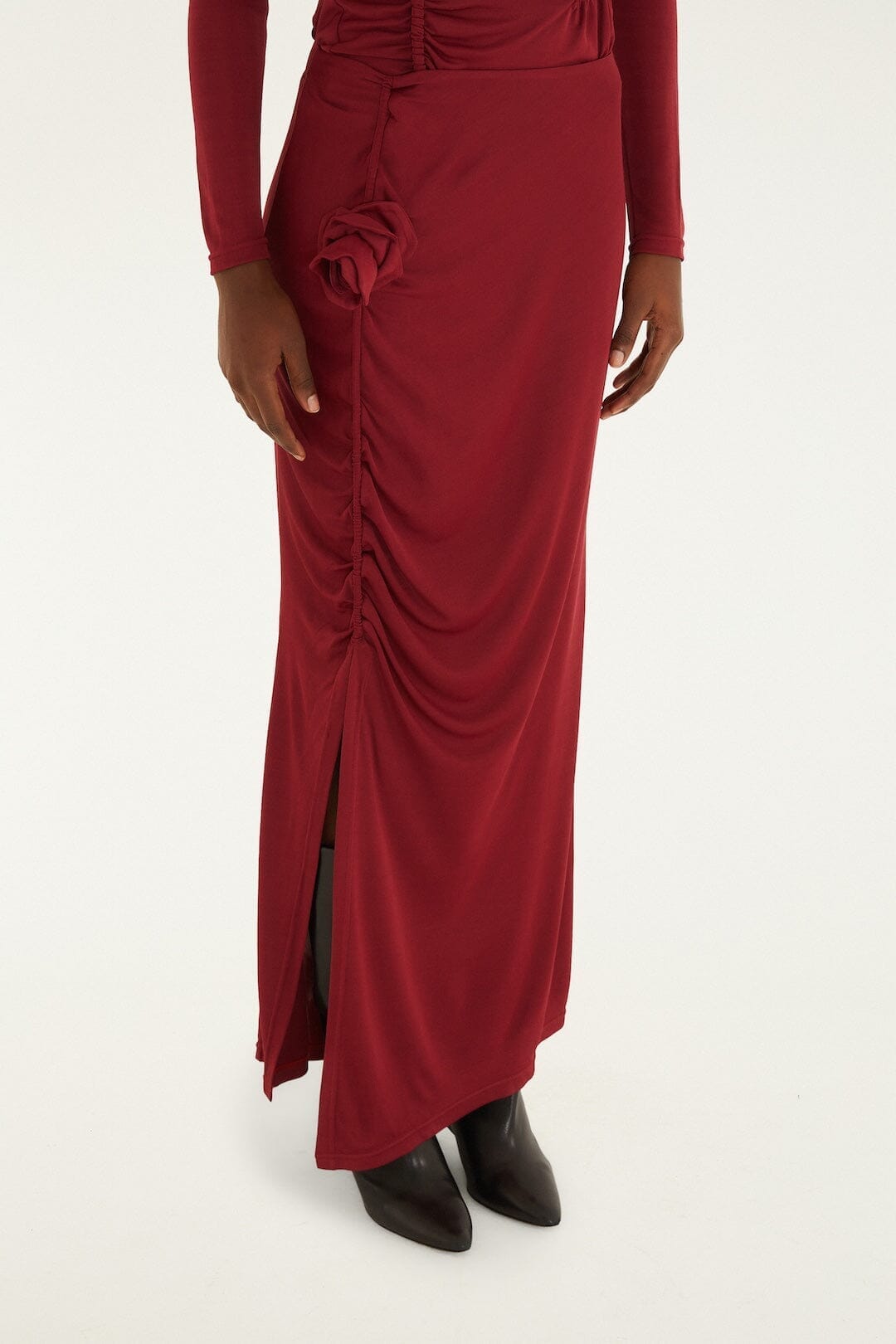 Burgundy 3d Flower Draped Side Slit Maxi Skirt