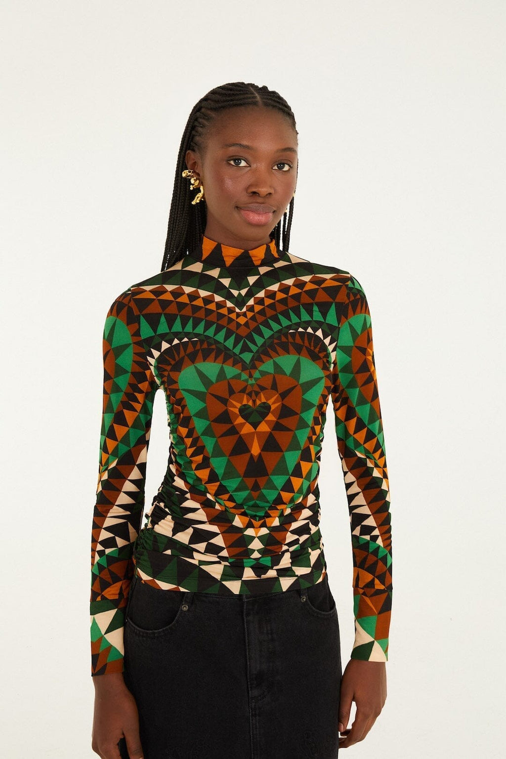 Green Heart Deco Ruched Waist Jersey Blouse