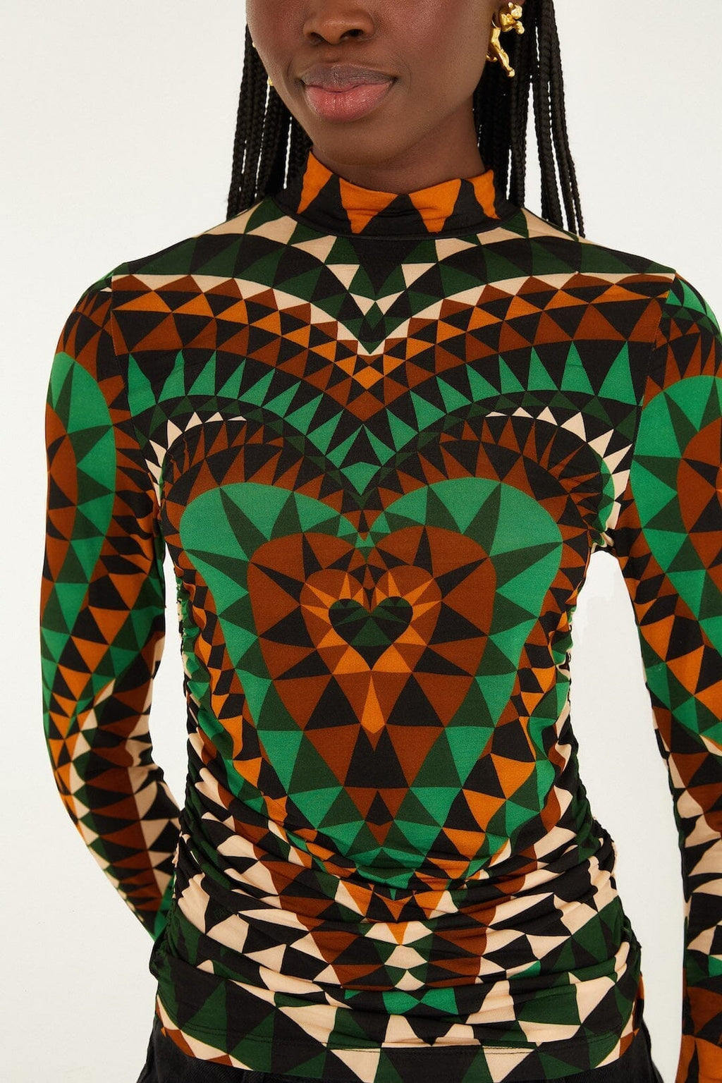 Green Heart Deco Ruched Waist Jersey Blouse
