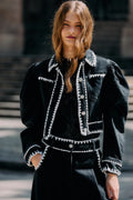Black Romantic Crochet Embroidery Puff Sleeve Denim Jacket