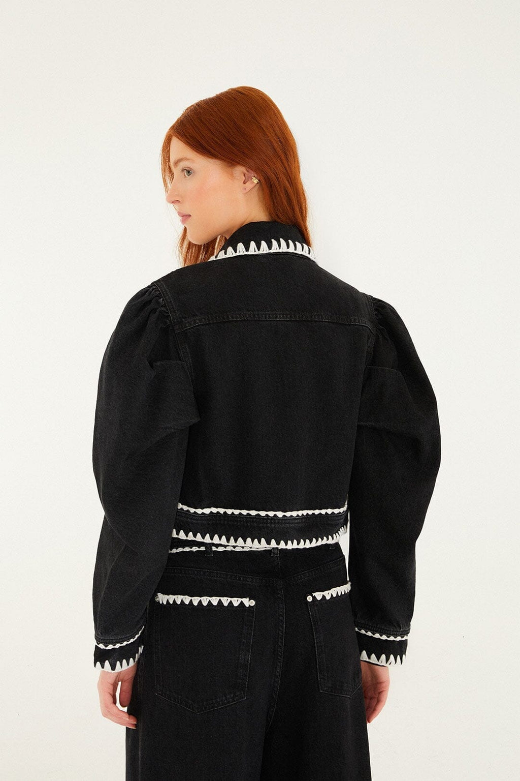 Black Romantic Crochet Embroidery Puff Sleeve Denim Jacket