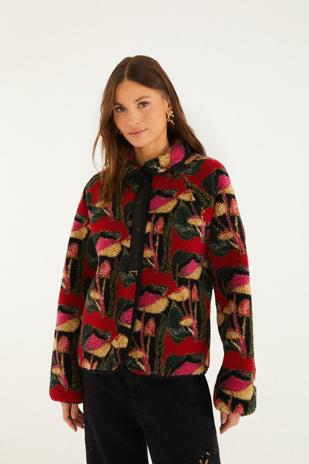 Black Wild Mushrooms Fleece Bomber Jacket