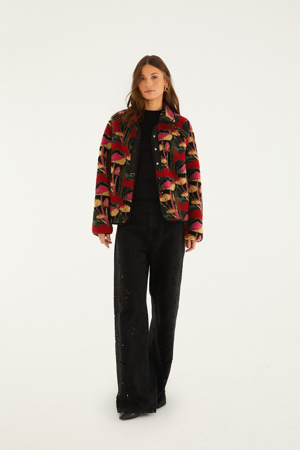 Black Wild Mushrooms Fleece Bomber Jacket