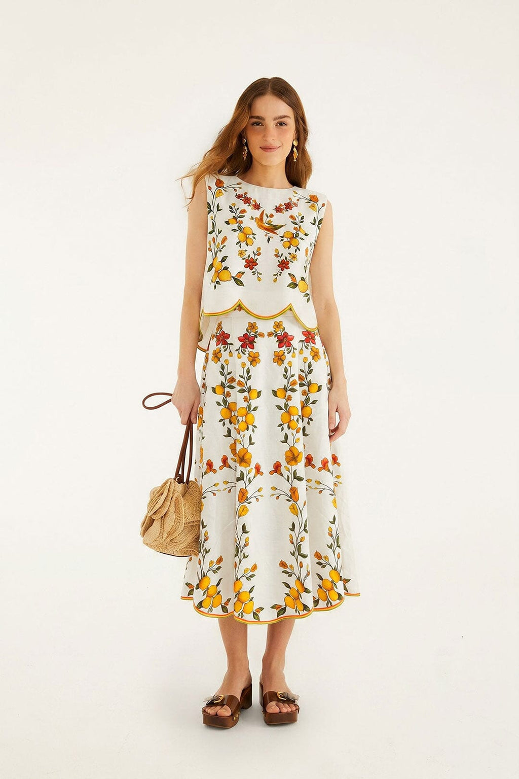 Lemon Bouquet Off-White Midi Skirt
