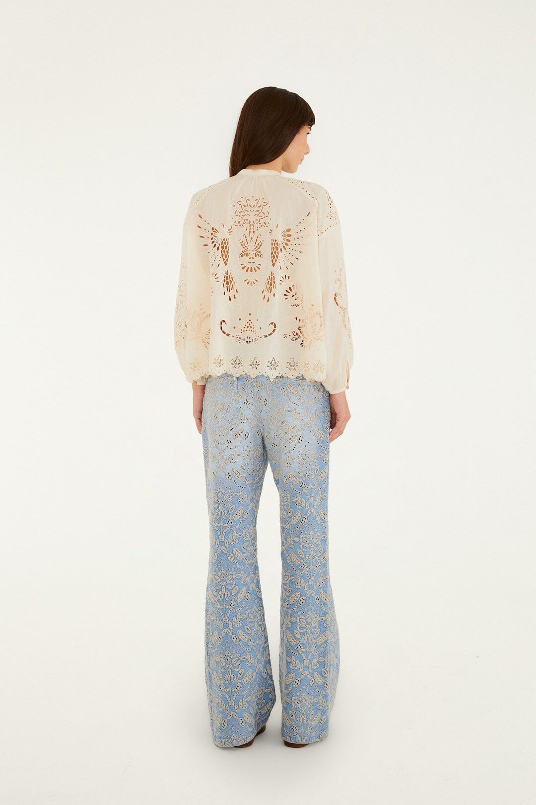 Denim Eyelet Pockets Flare Pants