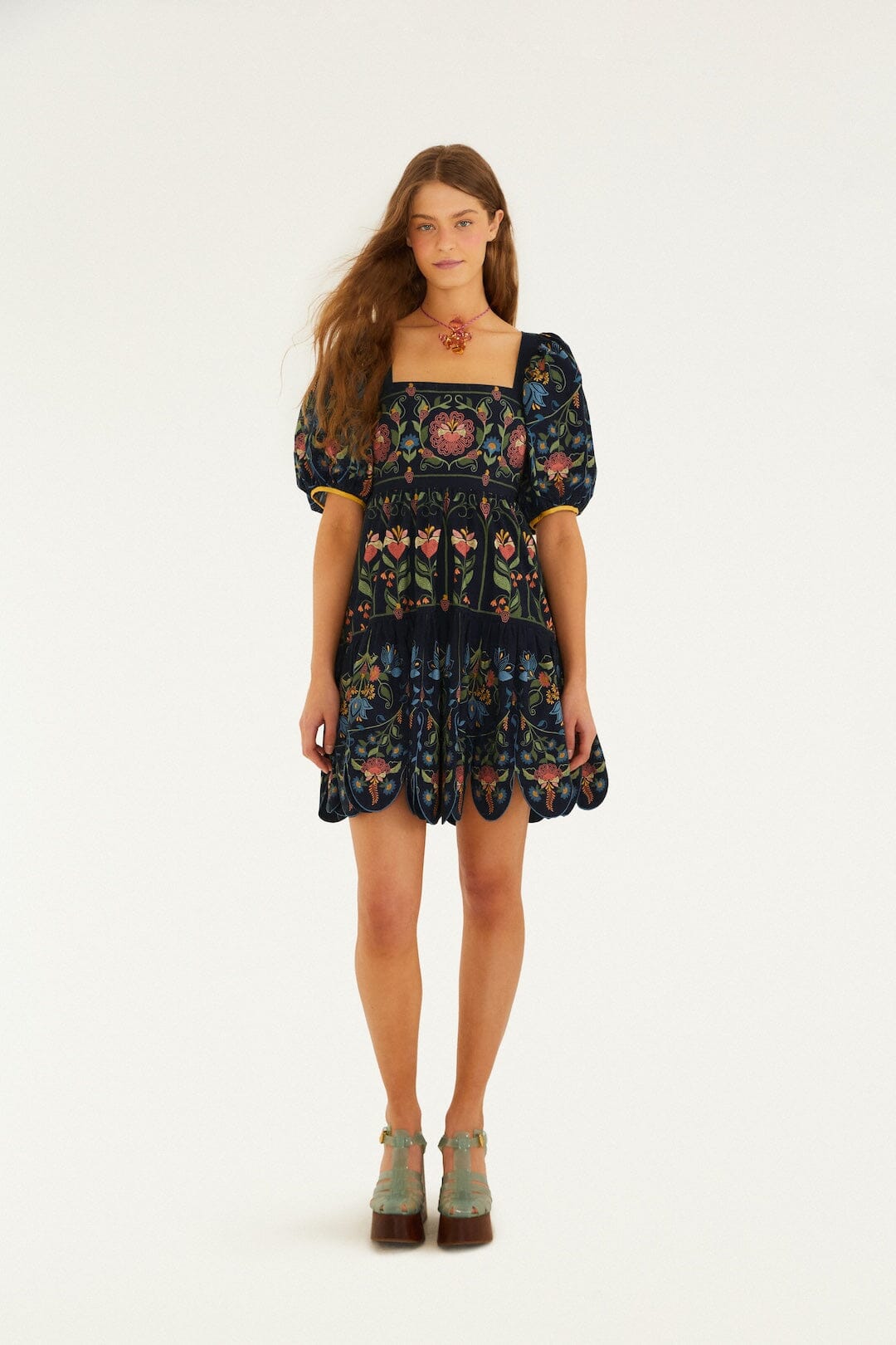 Navy Blue Stitched Garden Organic Cotton Mini Dress
