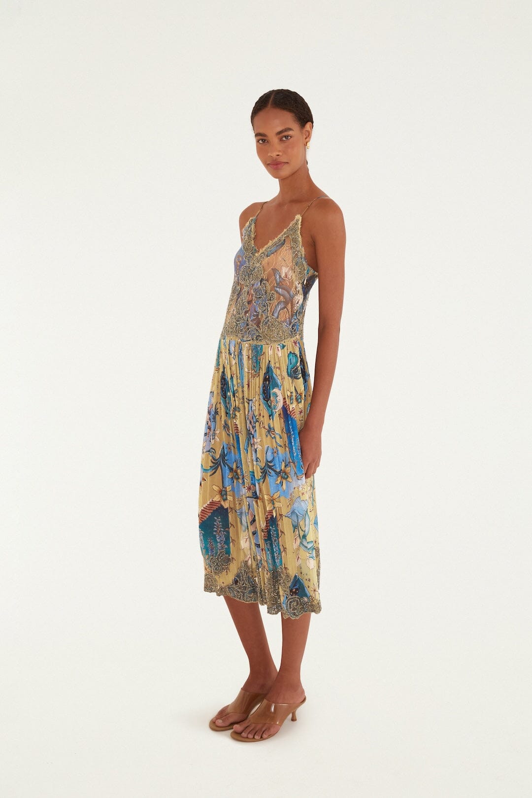 Sand Mystical Sleeveless Pleated Midi Dress