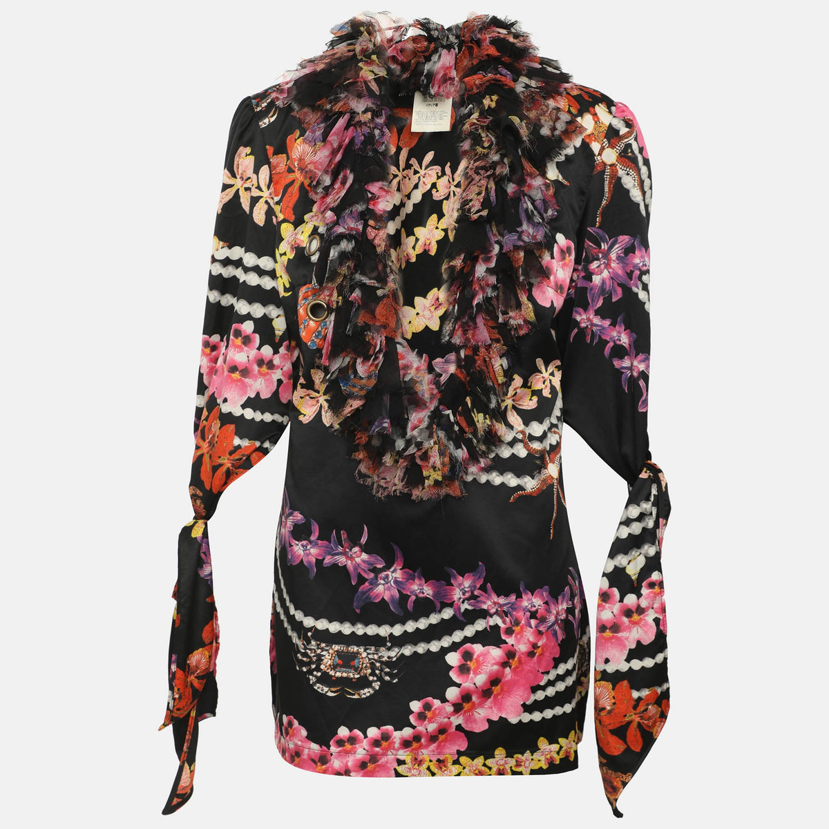 Just Cavalli Multicolor Printed Satin Ruffled Neck Blouse
