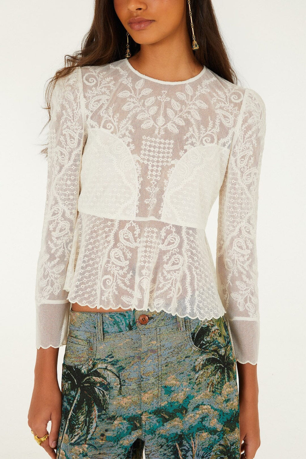 Embroidered Tulle Long Sleeve Blouse