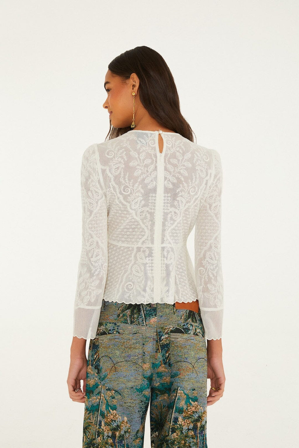 Embroidered Tulle Long Sleeve Blouse