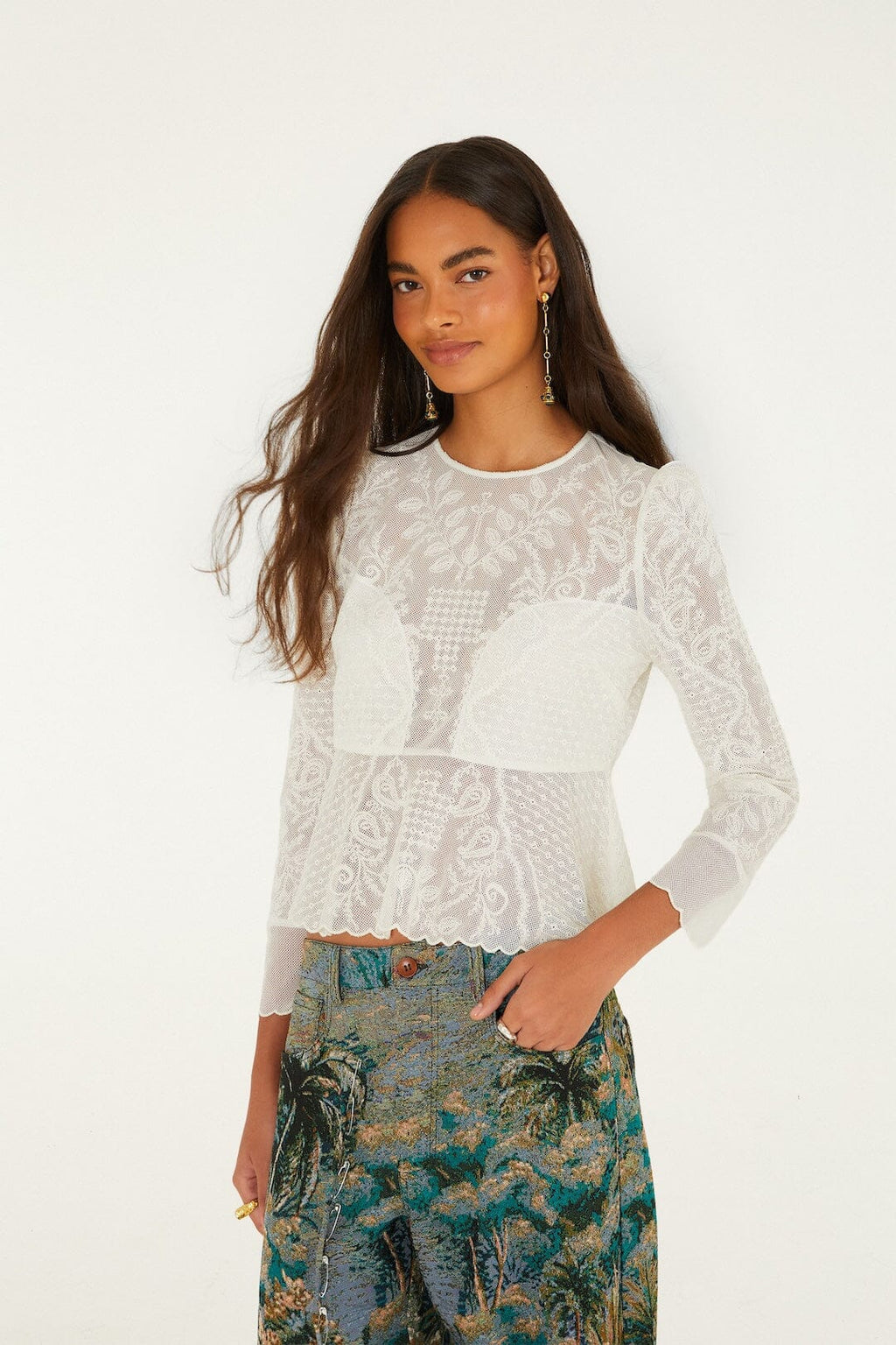 Embroidered Tulle Long Sleeve Blouse