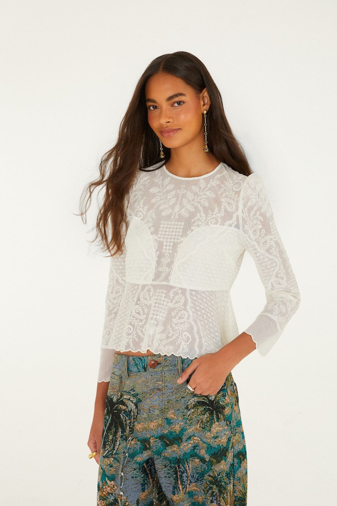 Embroidered Tulle Long Sleeve Blouse