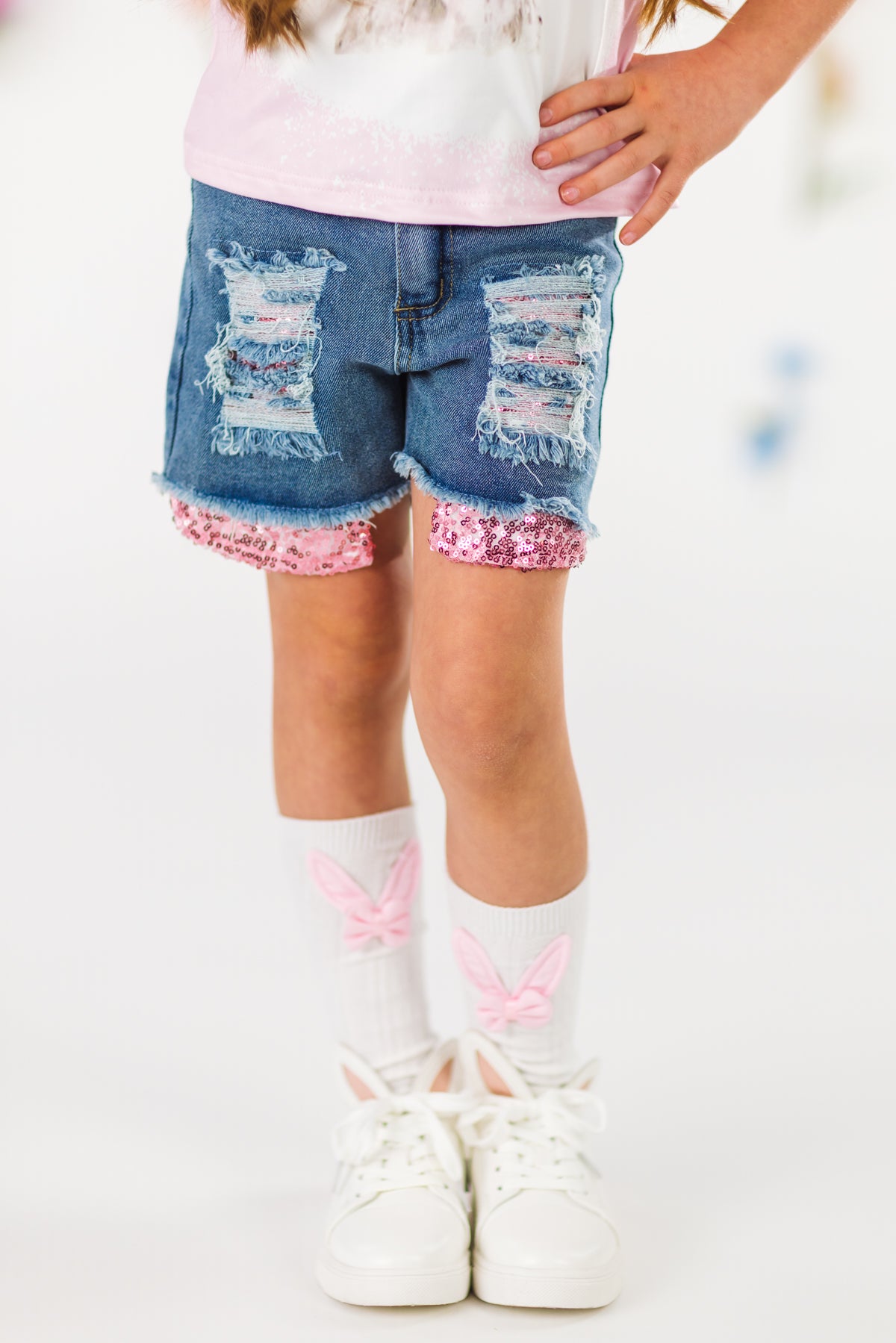 Bubblegum Bunny Distressed Denim Short Set