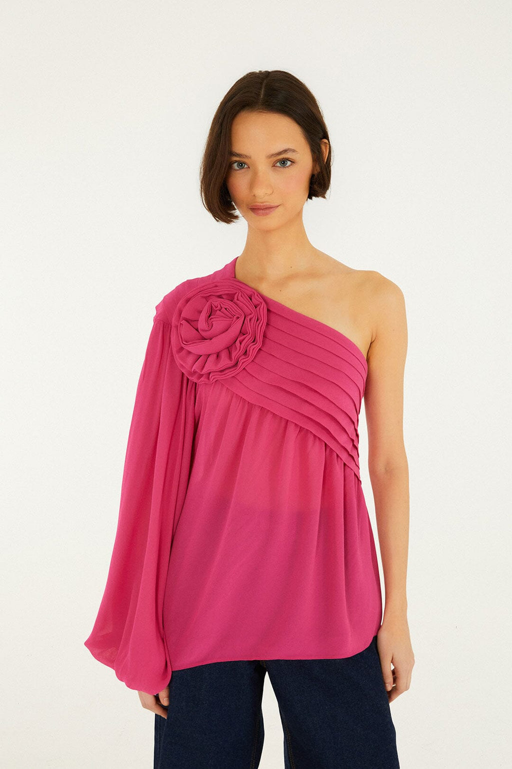 Pink 3d Rose One-Shoulder Blouse