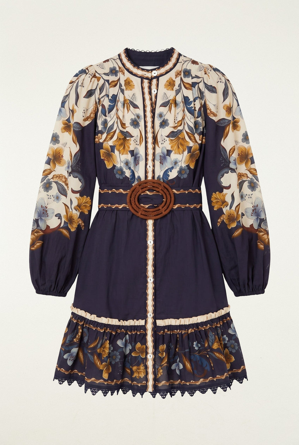 Golden Nature Belted Long Sleeve Mini Dress