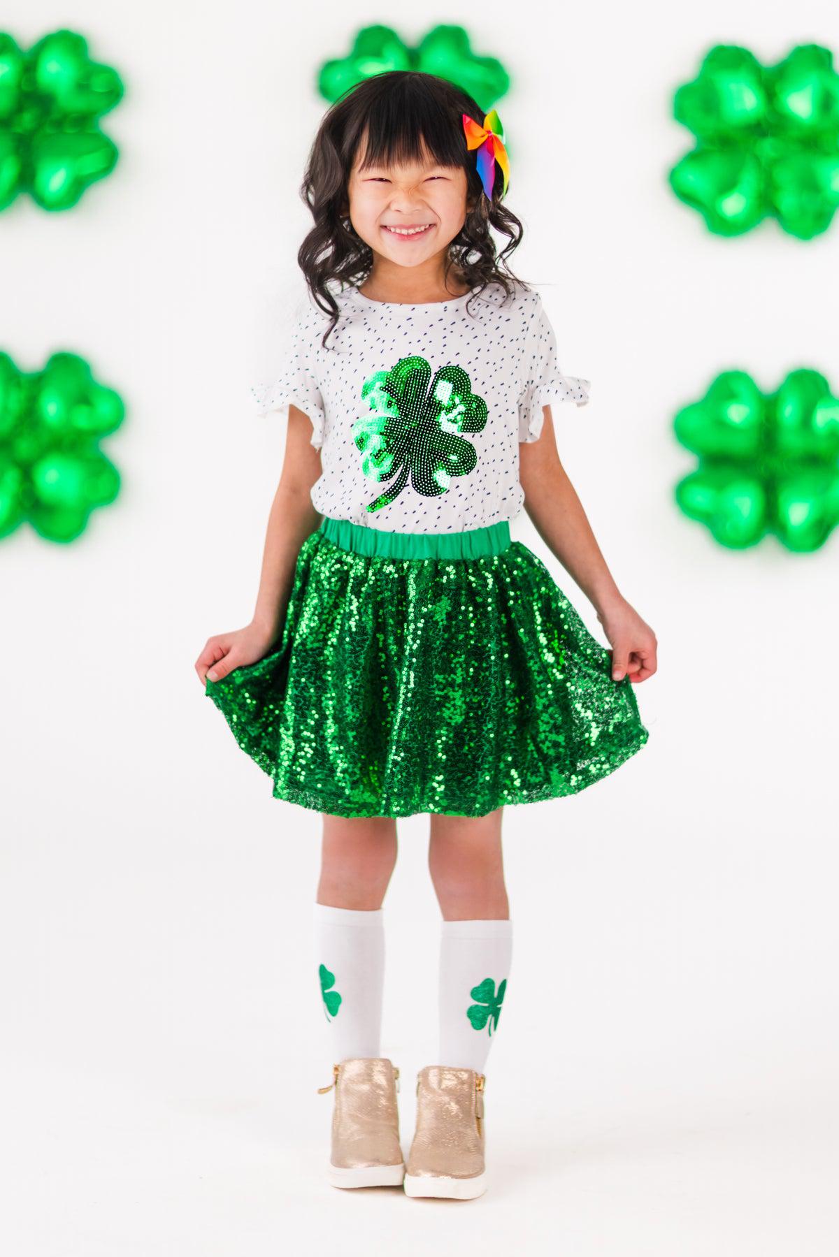 Green Sequin Shamrock Skirt Set