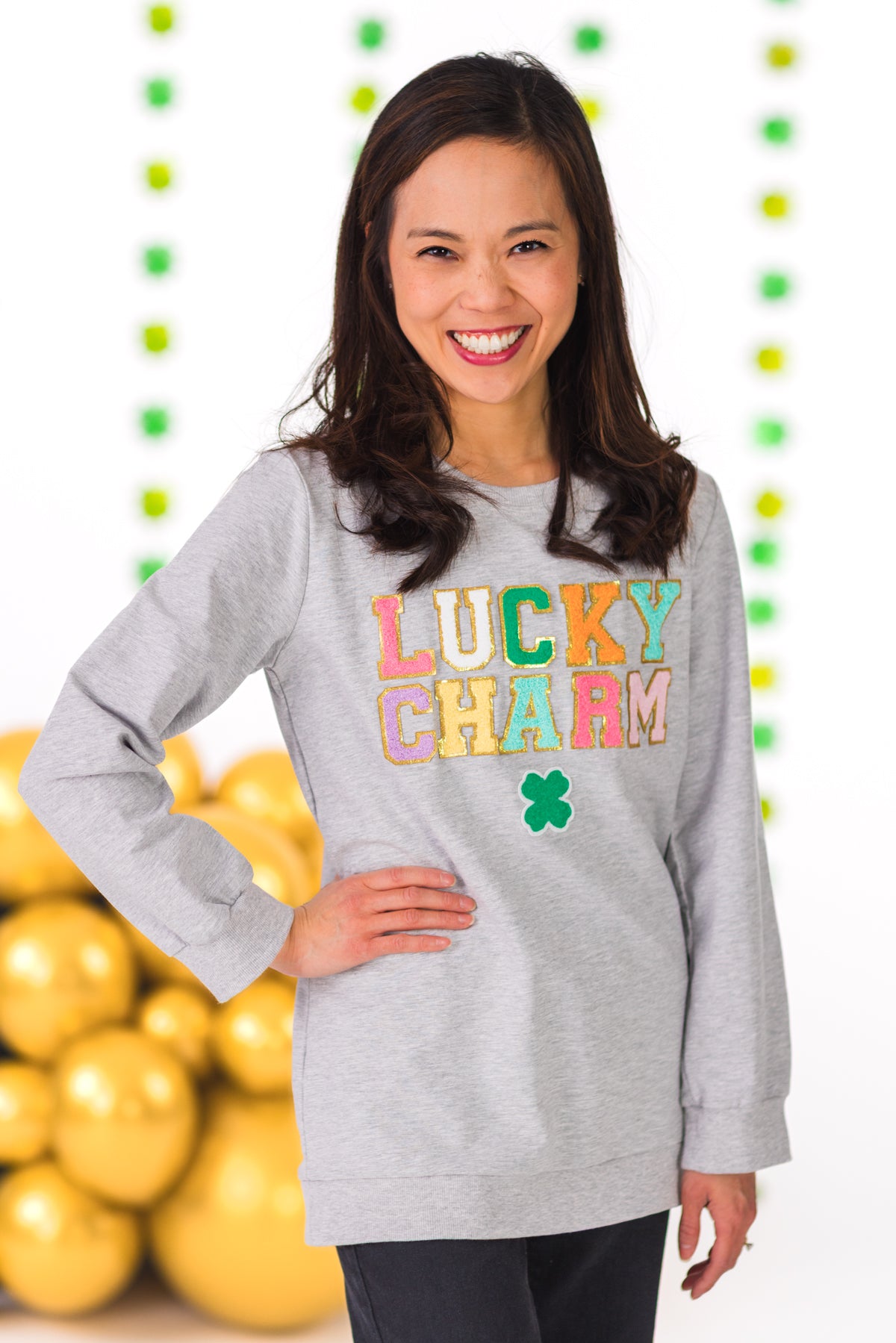 Mom & Me - "Lucky Charm" Gray Chenille Patch Top