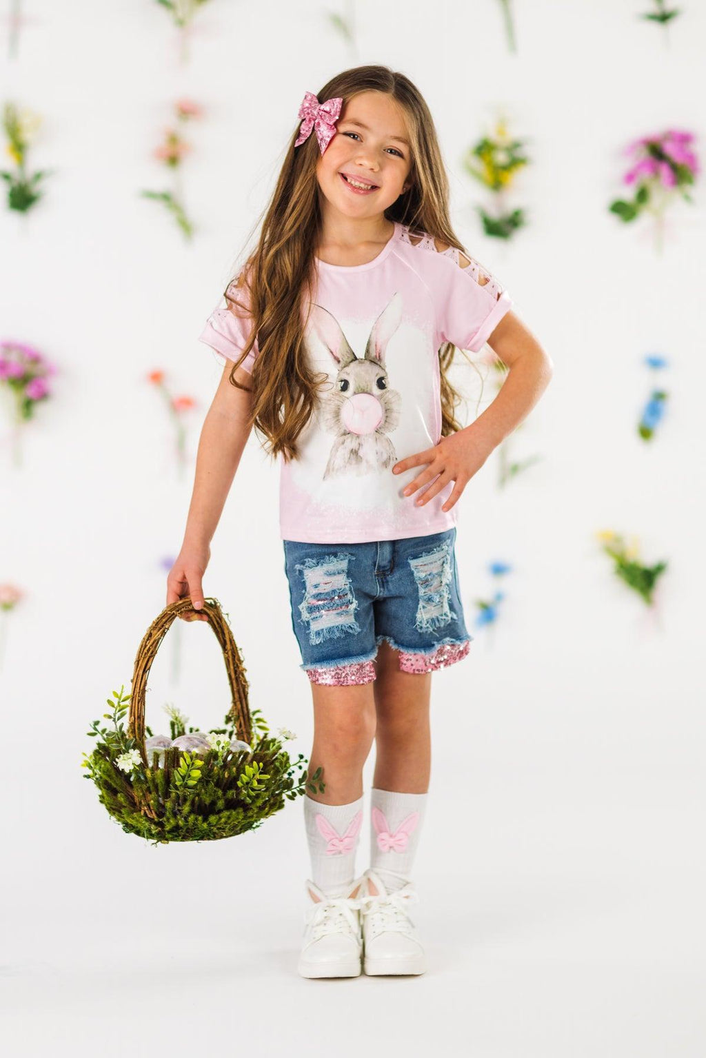 Bubblegum Bunny Distressed Denim Short Set