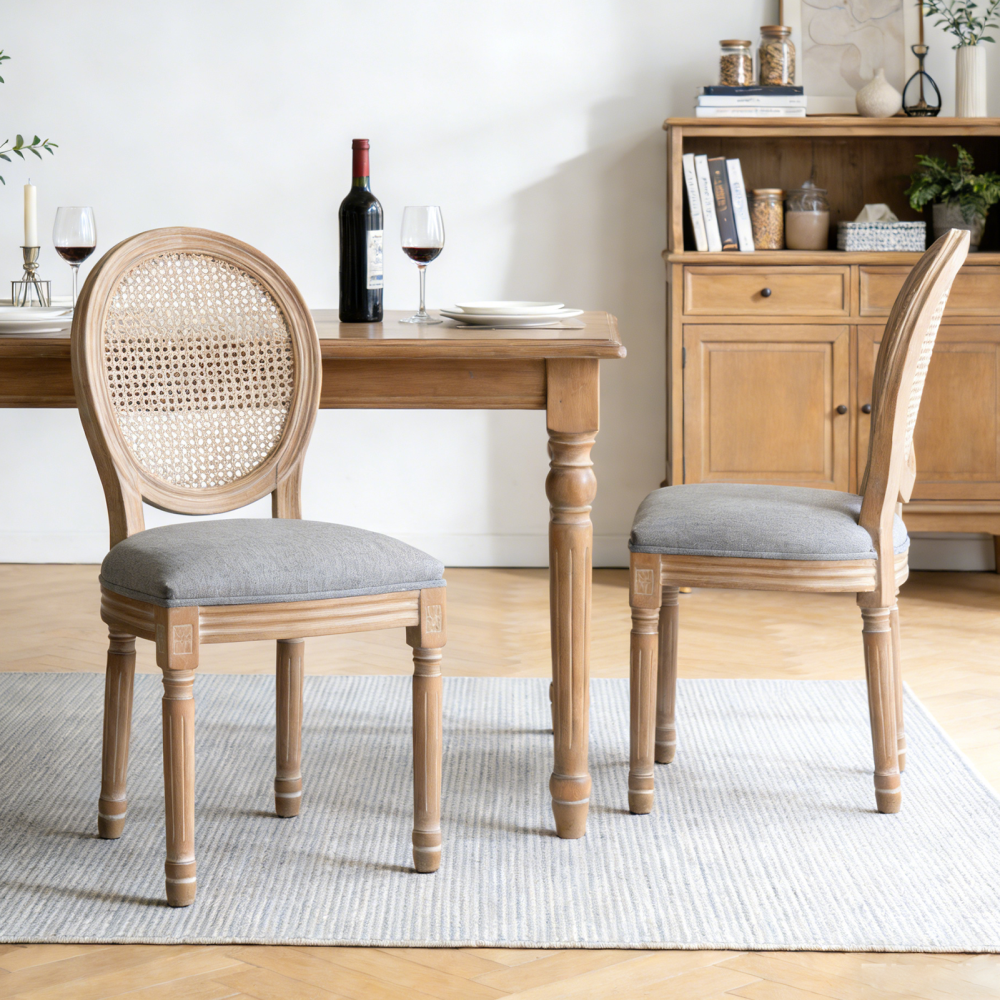 Solid Wood Dining Chairs with Comfortable Cushions and Woven Rattan Back Panels