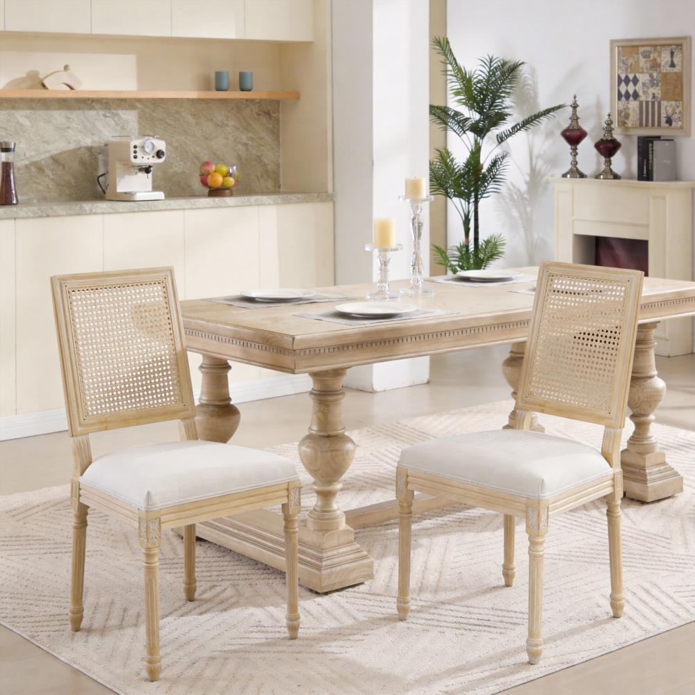 Solid Wood Dining Chairs with Square Rattan Backrests and Upholstered Seating