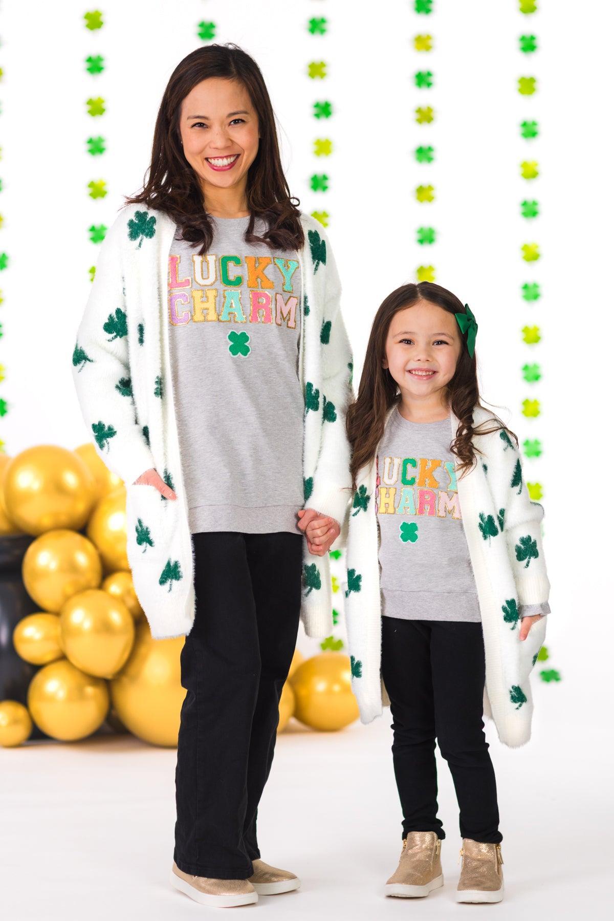 Mom & Me - "Lucky Charm" Gray Chenille Patch Top