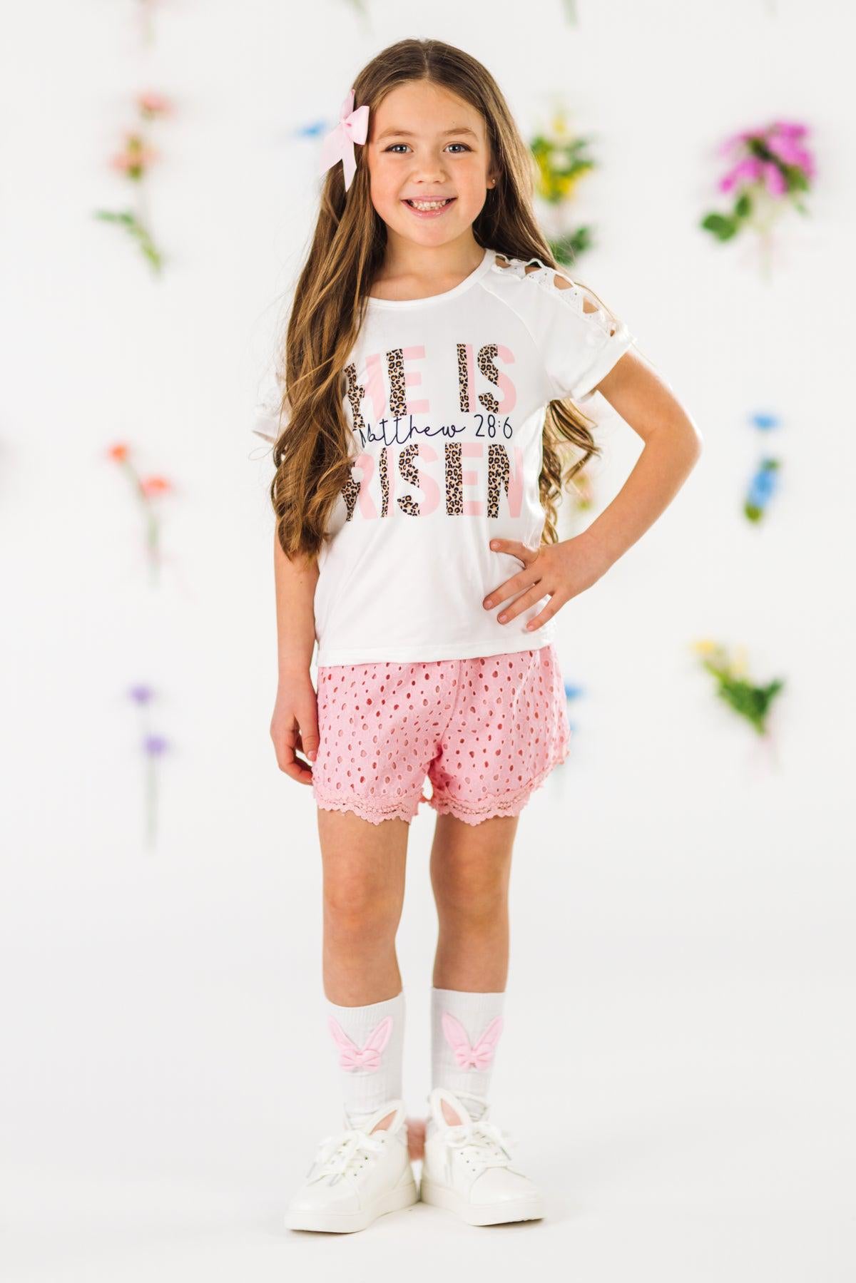"He Is Risen" White & Pink Short Set