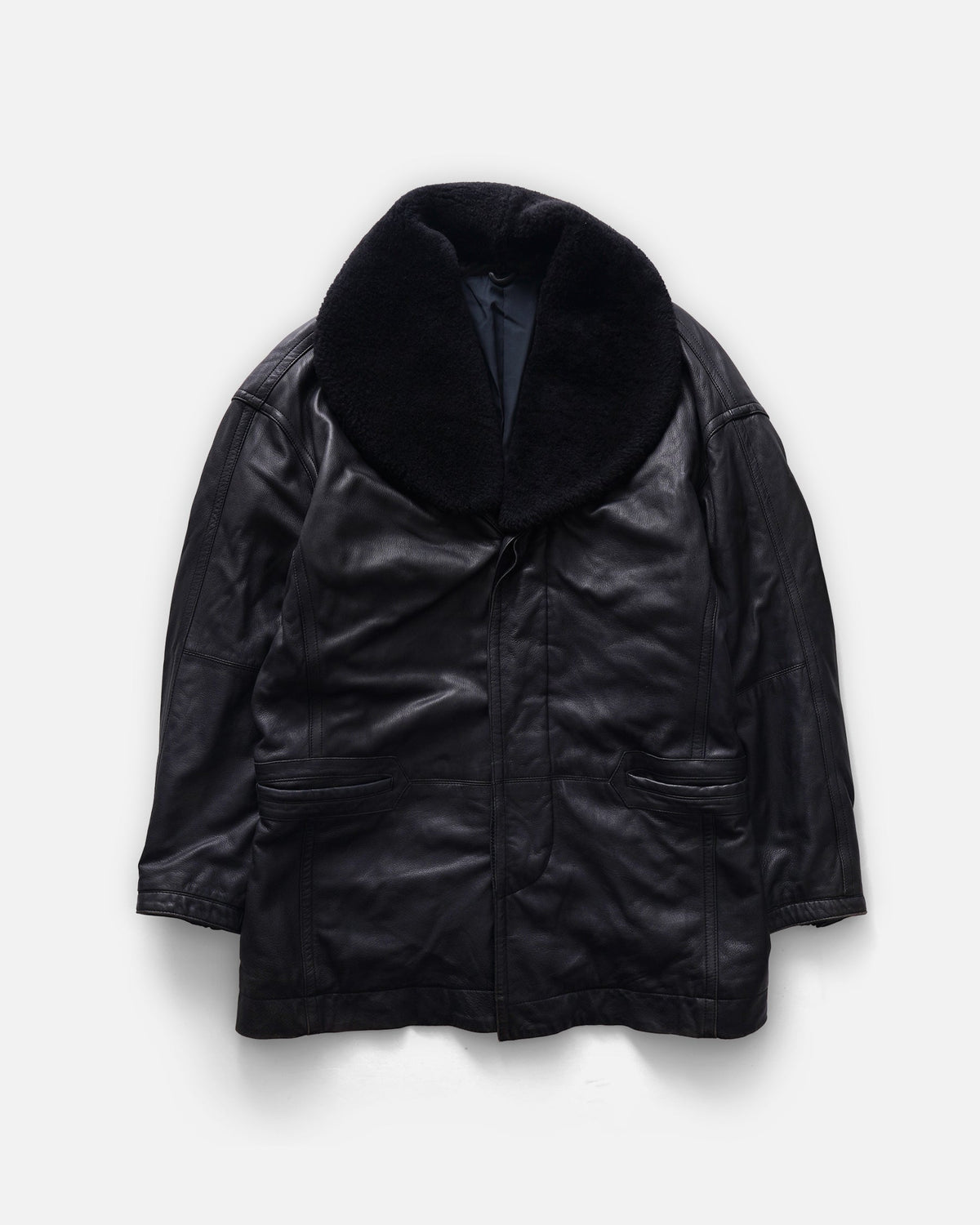 Leather Removable Boa Collar Coat / Black