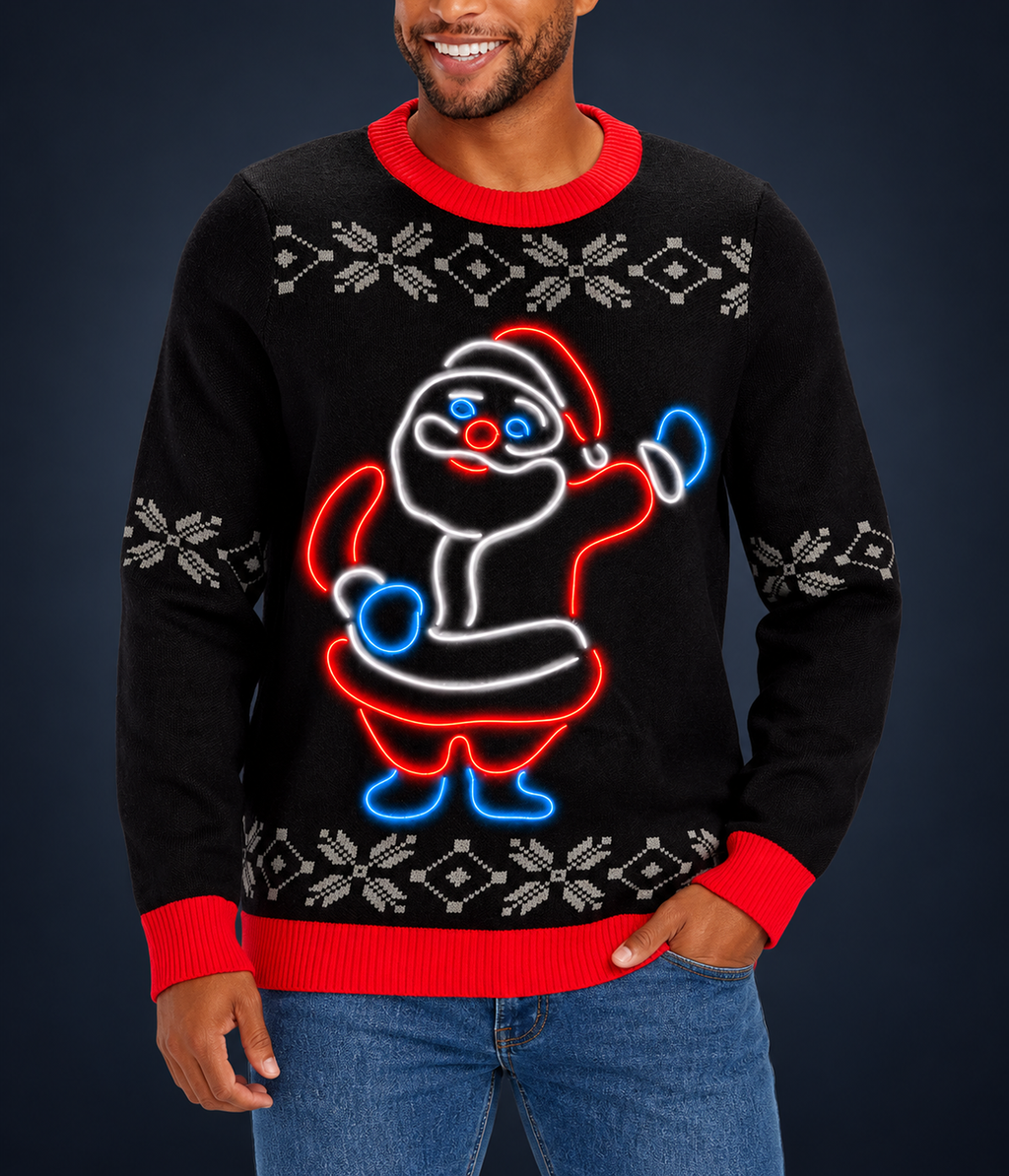 Men's Ho Ho Hello Neon LED Light Up Ugly Christmas Sweater