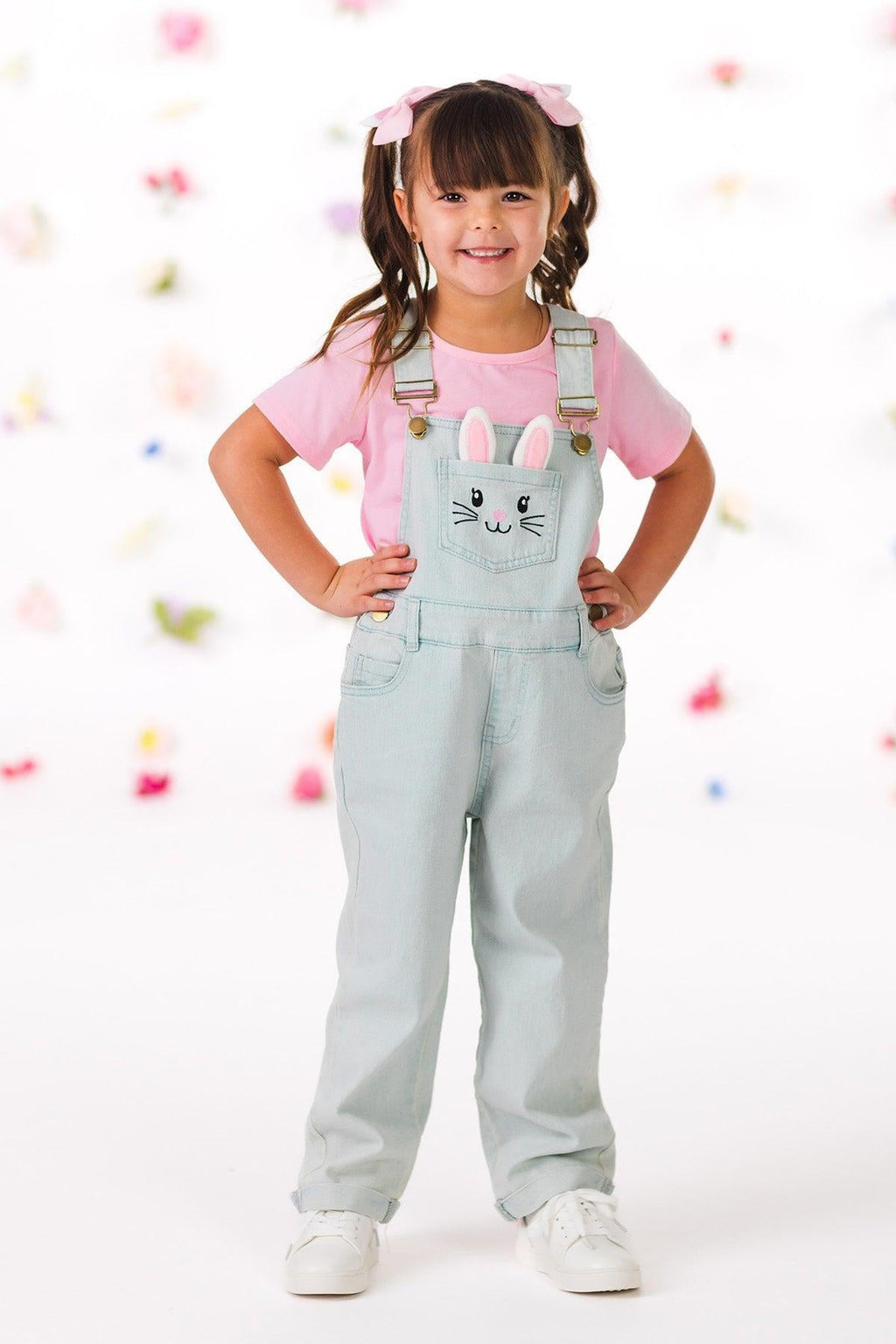 Pink Denim Bunny Overall Set
