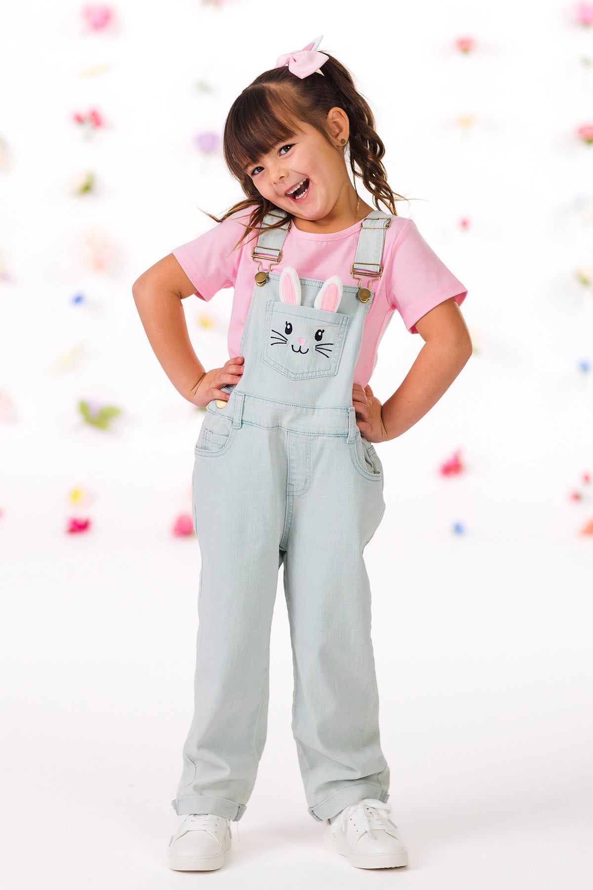 Pink Denim Bunny Overall Set