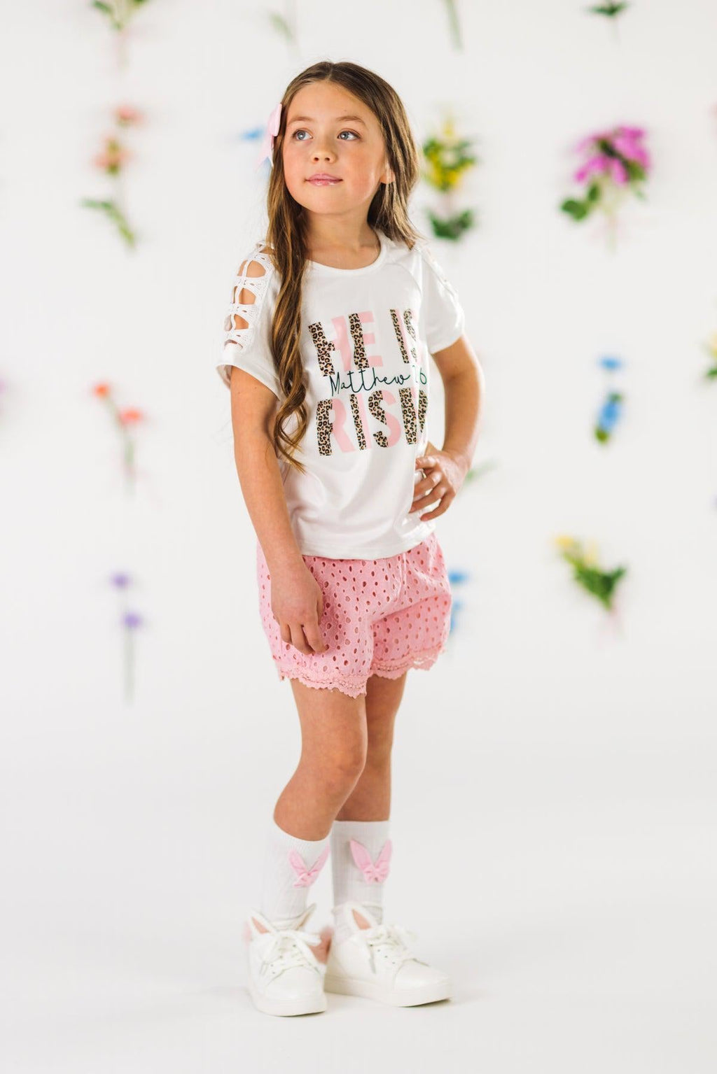 "He Is Risen" White & Pink Short Set